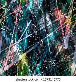 Stripes, strokes, blots with new year motif. Christmas tree effect. Painted light and dark seamless texture. Abstract vector background for web page, banners backdrop, fabric, home decor, wrapping