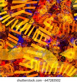 Stripes, strokes, spots and stains. Orange texture with blue inclusion. Seamless background for fabric, wrapping, home decor.