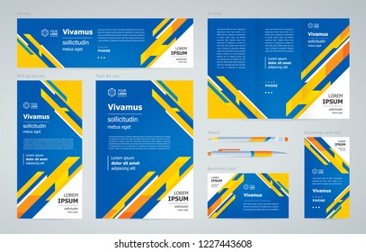 Stripes theme blue and yellow Set flyer cover, tri-fold, banner, roll up banner, business card