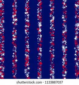 Stripes of United States Holiday Stars Confetti. USA Memorial Day Pattern Design. Liberty Patriotic Texture. Flyer, Cover Stars Background.