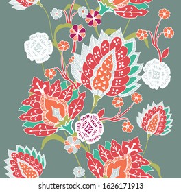 Stripes of wild flowers decorate this seamless pattern inspired by Persian rug designs. Orange, red, green, grey and hints of purple make up this pattern full of life and spirit!