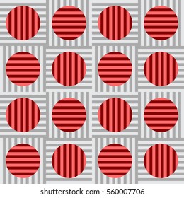 Stripes within circles, perpendicular to stripes within squares in a matrix - Tile pattern vector (Red on grey)