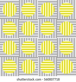Stripes within circles, perpendicular to stripes within squares in a matrix - Tile pattern vector (Yellow on grey)