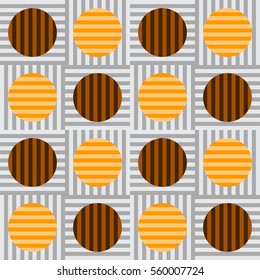 Stripes within circles, perpendicular to stripes within squares in a matrix - Tile pattern vector (Orange and brown on grey)