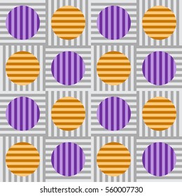 Stripes within circles, perpendicular to stripes within squares in a matrix - Tile pattern vector (Purple and orange on grey)