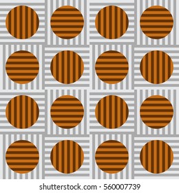 Stripes within circles, perpendicular to stripes within squares in a matrix - Tile pattern vector (Brown on grey)