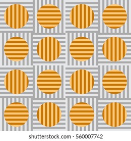 Stripes within circles, perpendicular to stripes within squares in a matrix - Tile pattern vector (Orange on grey)