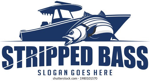 Stripped Bass Fishing Logo. Unique and Fresh Stripped bass Fish jumping out near the console Boat. Great to use as your Stripped bass fishing activity. 