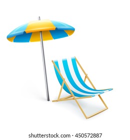 stripped deck-chair with umbrella beach inventory. isolated on white background. eps10 vector illustration