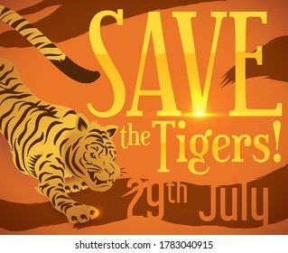 Stripped design with fierce tiger, golden sign and glow, promoting efforts to save this species during Tiger Day this 29th July.