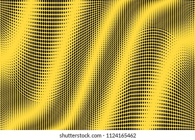 Stripped halftone dots pattern texture background. Black and white pixels. Modern dotted vector illustration. Abstract wavy lines. Points backdrop. Polka dots yellow black pattern