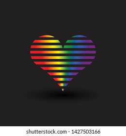 Stripped heart on black background with 6 official LGBT rainbow colors. Modern print for gay pride poster, wallpaper, sticker template. Colorful postcard. Simple flat design. Symbol of love, happines.