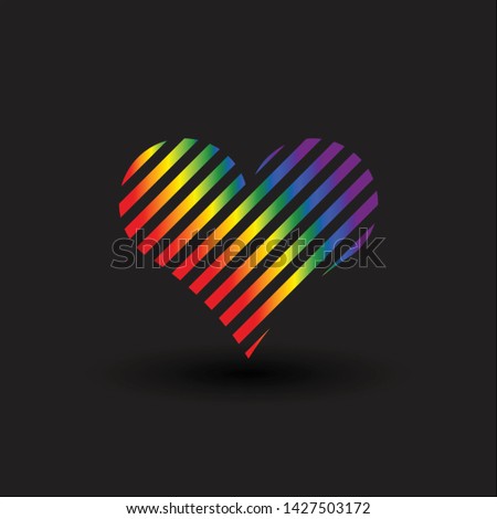 Stripped heart on black background with 6 official LGBT rainbow colors. Modern print for gay pride poster, wallpaper, sticker template. Colorful postcard. Simple flat design. Symbol of love, happines.