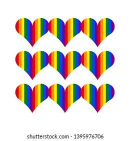 Stripped hearts composition with 6 official LGBT rainbow colors on a white background. Modern print for gay pride poster, wallpaper, sticker template. Colorful postcard. Simple flat design. Love, joy.