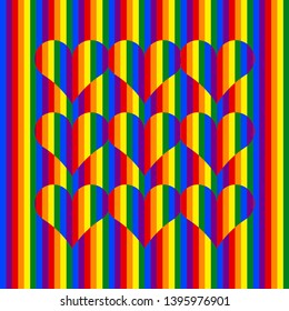 Stripped hearts composition with 6 official LGBT rainbow colors on colorful background. Op art. Modern print gay pride poster, wallpaper, sticker template, postcard. Simple flat design. Symbol of love