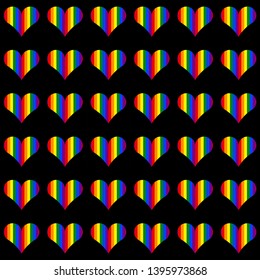 Stripped hearts pattern on black background. 6 official LGBT rainbow colors. Modern print for gay pride poster, wallpaper, sticker template. Colorful postcard. Simple flat design. Symbol of love, joy.