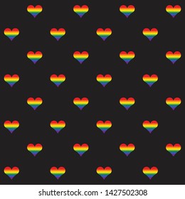Stripped hearts pattern on black background. 6 official LGBT rainbow colors. Modern print for gay pride poster, wallpaper, sticker template. Colorful postcard. Simple flat design. Symbol of love, joy.