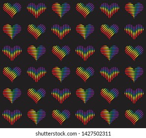 Stripped hearts pattern on black background. 6 official LGBT rainbow colors. Modern print for gay pride poster, wallpaper, sticker template. Colorful postcard. Simple flat design. Symbol of love, joy.