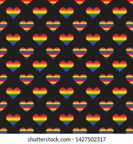 Stripped hearts pattern on black background. 6 official LGBT rainbow colors. Modern print for gay pride poster, wallpaper, sticker template. Colorful postcard. Simple flat design. Symbol of love, joy.