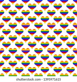 Stripped hearts pattern on white background. 6 official LGBT rainbow colors. Modern print for gay pride poster, wallpaper, sticker template. Colorful postcard. Simple flat design. Symbol of love, joy.