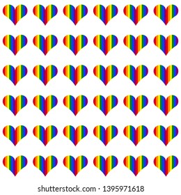 Stripped hearts pattern on white background. 6 official LGBT rainbow colors. Modern print for gay pride poster, wallpaper, sticker template. Colorful postcard. Simple flat design. Symbol of love, joy.
