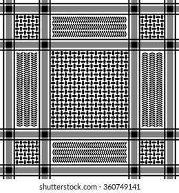 Stripped keffiyeh vector pattern with geometric print and floral motif. Traditional Middle Eastern headdress. Black and white. Backgrounds & textures shop.