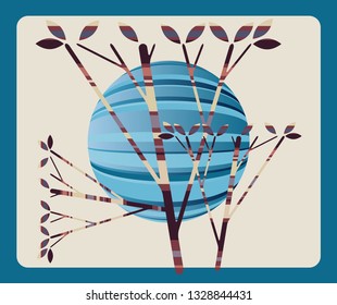 stripped moon behind trees card in brown blue shades