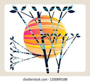 stripped moon behind trees card in orange blue shades