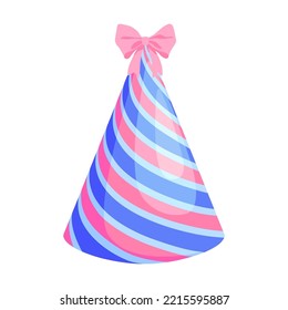 Stripped party cap vector illustration. Anniversary and carnival cone paper hat isolated on white background. Holiday decoration element. Celebration concept