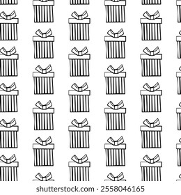 Stripped present boxes seamless in black on white background. Hand drawn pattern for fashion graphics (all-over print), home decor (wallpaper, tablecloths, bedclothes), wrapping paper and covering