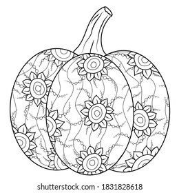 Stripped pumpkin coloring book with sunflower ornament. Doodle hand drawn vector  illustration in autumn mood for children and adult leisure drawing. Nice t-shirt template, fabric, covering. Eps10 