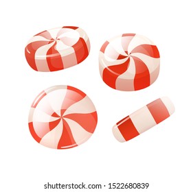 Stripped red white peppermint round candies in different views - top, side, quarter. Traditional holiday sweets - New Year, Christmas, Helloween. Vector illustration, isolated objects for design isola