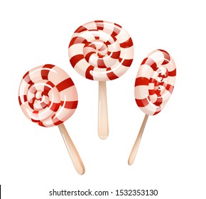 Stripped red white spiral round lollipops in different views - front and quarter. Traditional holiday sweets - New Year, Christmas, Helloween. Vector illustration, isolated objects for design isolated