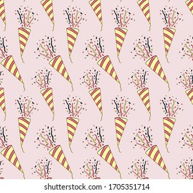 Stripped red and yellow cone confetti petards for holiday party seamless pattern. Decoration for greeting card, wrapper and textile. Pink background, vector.