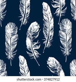 Stripped seamless pattern with hand drawn feathers
