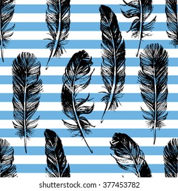 Stripped seamless pattern with hand drawn feathers