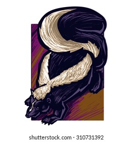 Stripped skunk with paws, claws & a huge fluffy tail in a loose scratchboard style