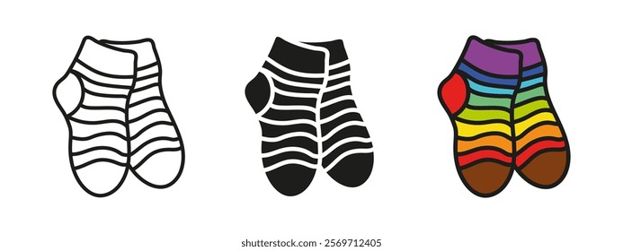 Stripped socks icon. Pair of colorful rainbow socks vector illustration. Warm clothes symbol. Woolen knitted stocking sign. Feet clothing colored sock pictogram. Cute kids knitwear concept isolated.