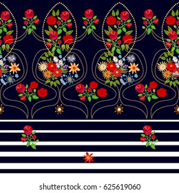 Stripped vector border with flowers. Damask pattern with roses and wildflowers. Vintage folk art motifs.