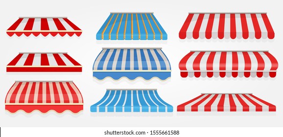 Stripped window canopy. Roof of grocery cafe stored shopping tent outdoor collection vector pictures