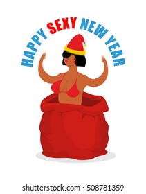 Stripper in red sack of Santa Claus. Adult New Year. Prostitute as gift. Congratulations for men. Woman on holiday for fun. Whore in bag