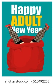 Stripper in red sack of Santa Claus. Adult New Year. Prostitute as gift. Congratulations for men. Woman on holiday for fun. Whore in bag
