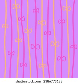 Strips and bow seamless background in pink, yellow and purple color. 60d and 70s retro aesthetic style. Design for background, card, poster, backdrop, wrapping paper  wallpaper, and etc.