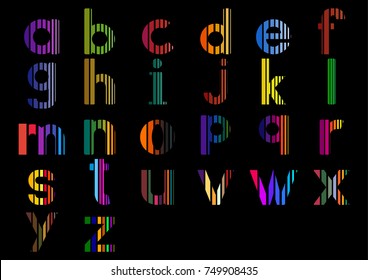 Strips English small letters set, Decorative small letters illustration, Lowercase letters for card or poster, Font collection for icon logo and symbol, Vector illustration