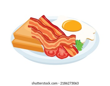 Strips Of Fried Crispy Bacon, Egg And Toast On A Plate Icon Vector. Breakfast With Bacon And Egg Drawing. Bacon, Toasted Bread And Fried Egg Icon Isolated On A White Background