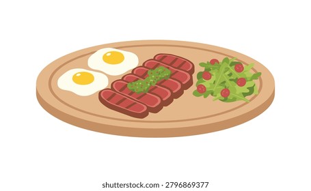 Strips of grilled beef steak topped with herb butter, served on a wooden platter with two fried eggs and a side of arugula salad for a protein-rich dinner.