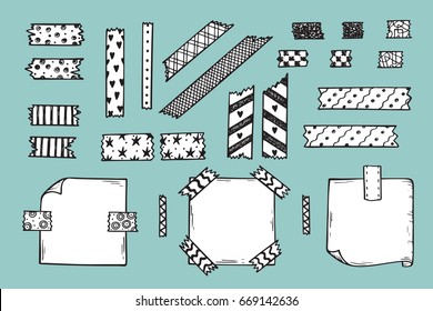 Strips of Masking Tape and Note Paper Set. Hand Drawn Doodle Sticky tape with Paper. Scotch patterned Adhesive tape collection. Vector illustration