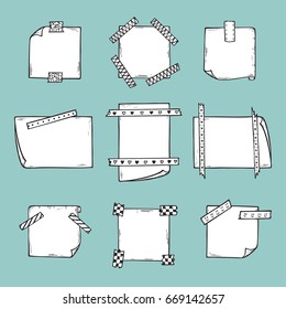 Strips of Masking Tape and Note Paper Set. Hand Drawn Doodle Sticky tape with Paper. Scotch patterned Adhesive tape collection. Vector illustration