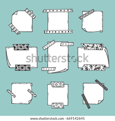Strips of Masking Tape and Note Paper Set. Hand Drawn Doodle Sticky tape with Paper. Scotch patterned Adhesive tape collection. Vector illustration