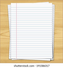 Strips notebook papers on wood background.    Vector illustration. 